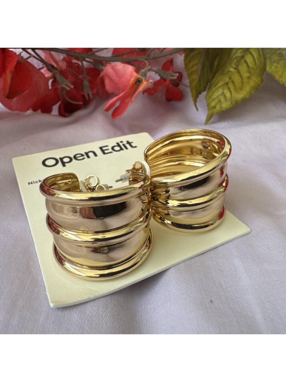 OPEN EDIT EARRINGS NWT NICKEL FREE Banded Wide Hoops Shiny Gold Tone $30 NEW